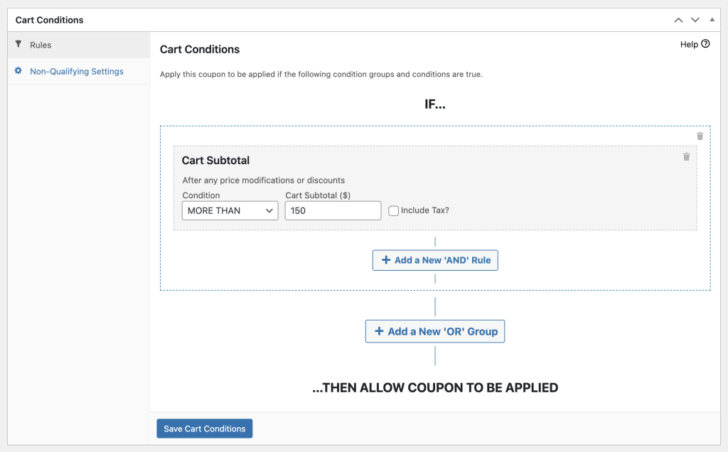 WooCommerce cart conditions screen with a rule set for applying coupons if the cart subtotal is more than 0.